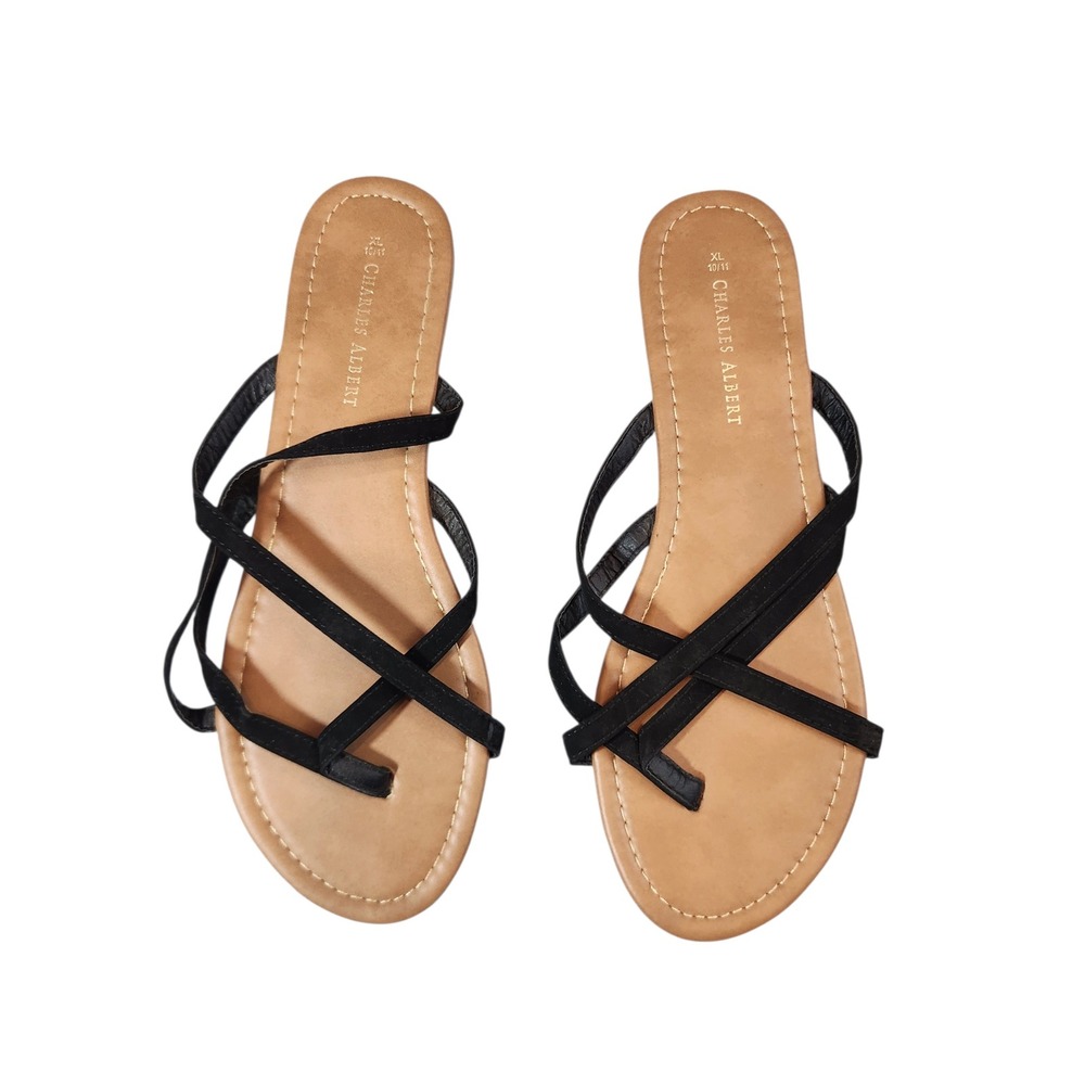 Charles Albert Selene2 Sandal Womens XL 10/11 Black Strappy Toe Loop Flat